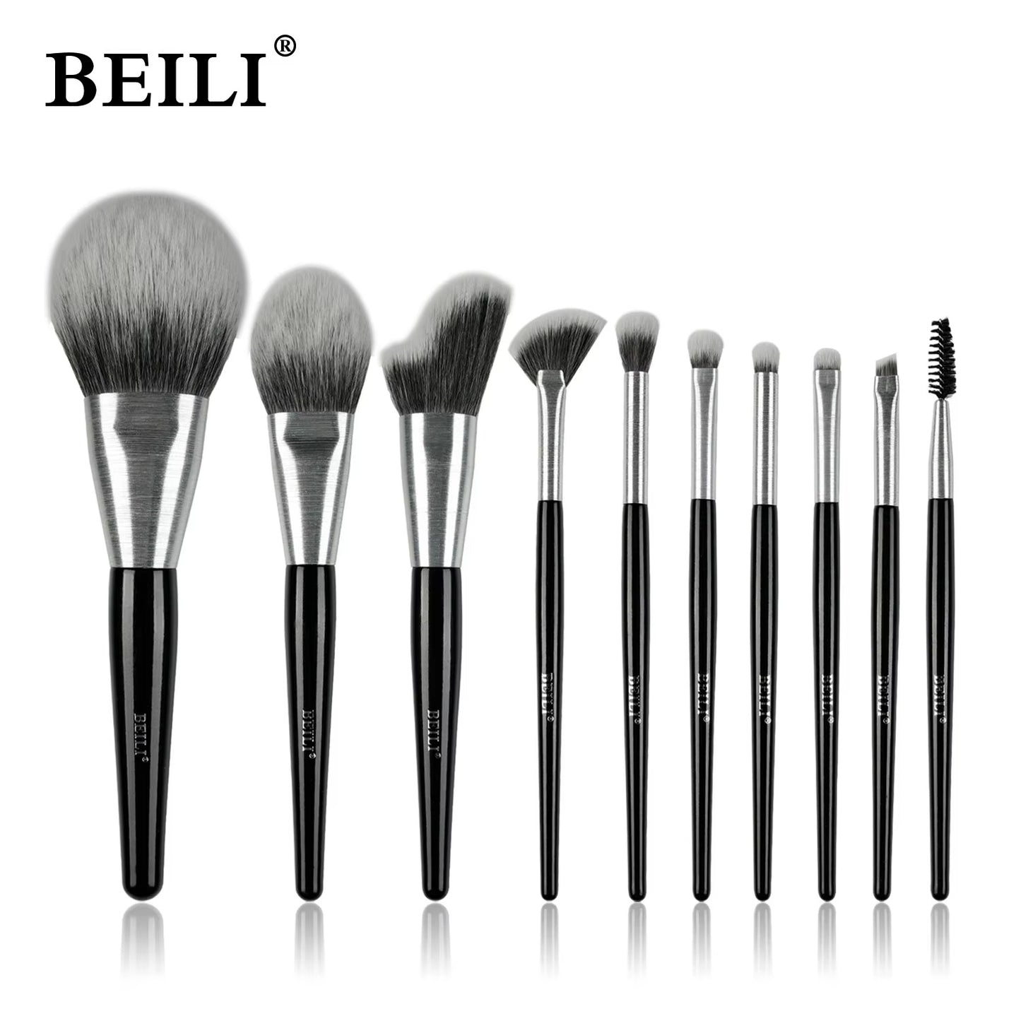 Beili Christmas Gift Makeup Brush Set Of 10, Kabuki Brushes With Synthetic Hair For Foundation, Concealer, And Eyeshadow.