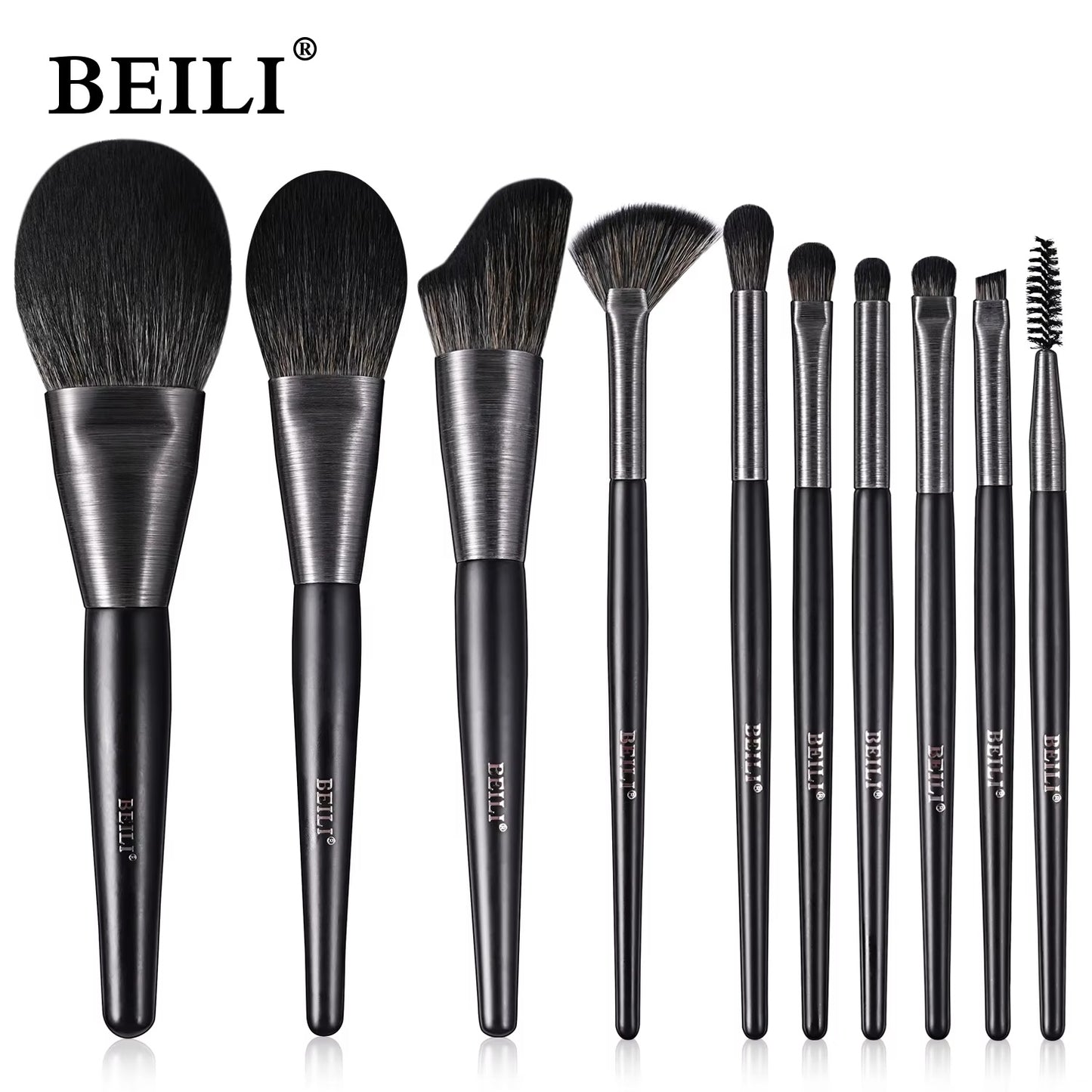 Beili Christmas Gift Makeup Brush Set Of 10, Kabuki Brushes With Synthetic Hair For Foundation, Concealer, And Eyeshadow.