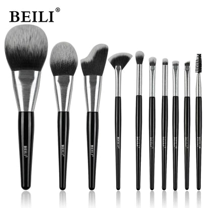 Beili Christmas Gift Makeup Brush Set Of 10, Kabuki Brushes With Synthetic Hair For Foundation, Concealer, And Eyeshadow.