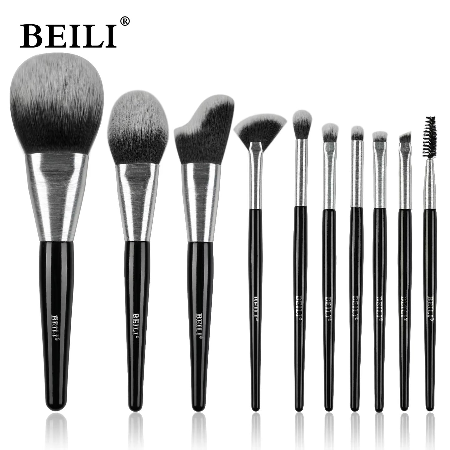 Beili Christmas Gift Makeup Brush Set Of 10, Kabuki Brushes With Synthetic Hair For Foundation, Concealer, And Eyeshadow.