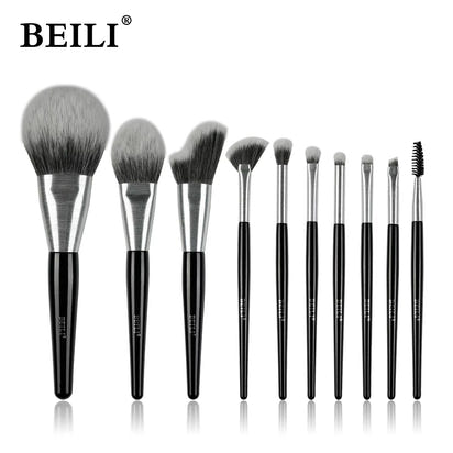 Beili Christmas Gift Makeup Brush Set Of 10, Kabuki Brushes With Synthetic Hair For Foundation, Concealer, And Eyeshadow.
